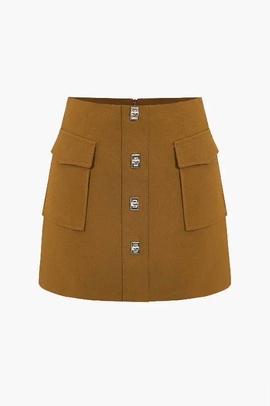 Solid Button Metallic Zipper Skirt leather skirt bold