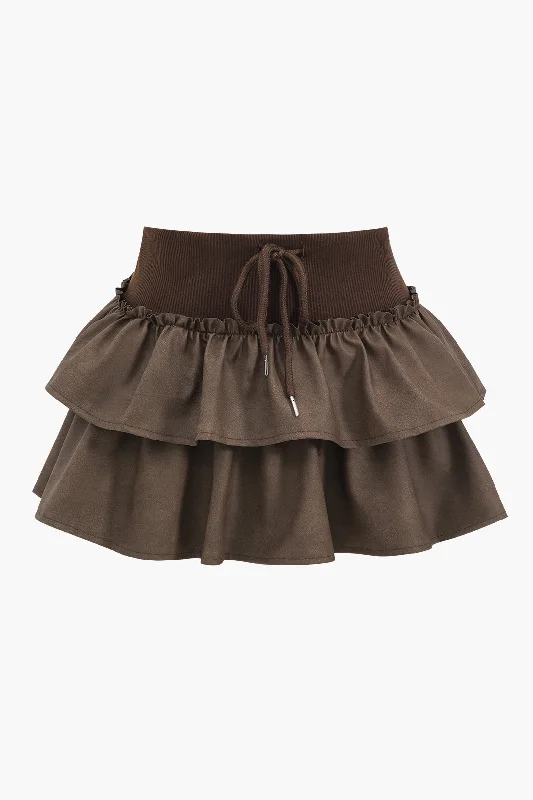 Faux Leather Ruffle Tie-Up Patchwork Skirt pencil skirt chic