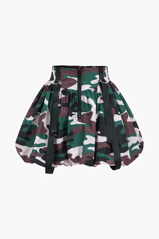 Camo Print Zipper Puff Skirt leather skirt bold
