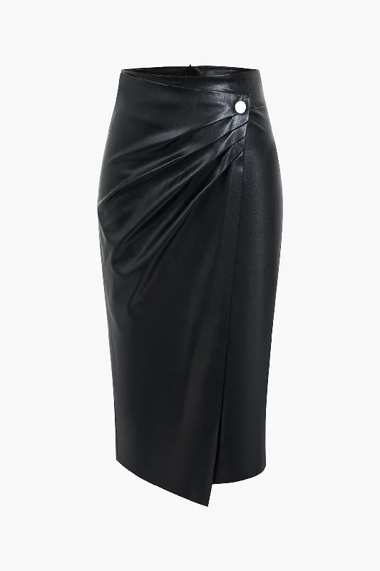 Faux Leather Wraped Midi Skirt relaxed fit skirt