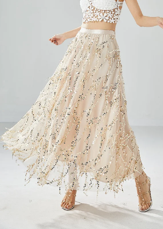 Modern Apricot Sequins Tassel Tulle Skirt Summer velvet skirt luxury