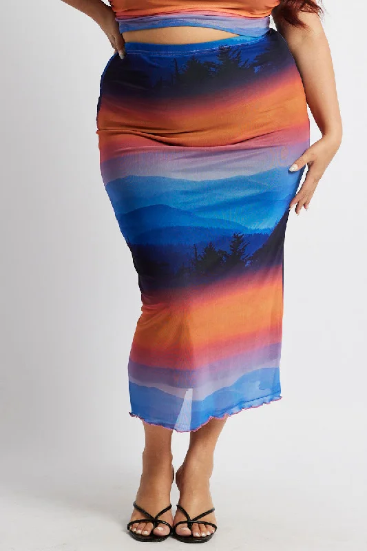Multi Abstract Mesh Bodycon Landscape Skirt wool skirt warm