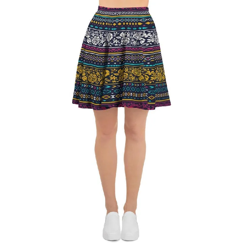 Multicolor Rose Floral Abstract Tribal Aztec Women's Skirt asymmetrical skirt cut