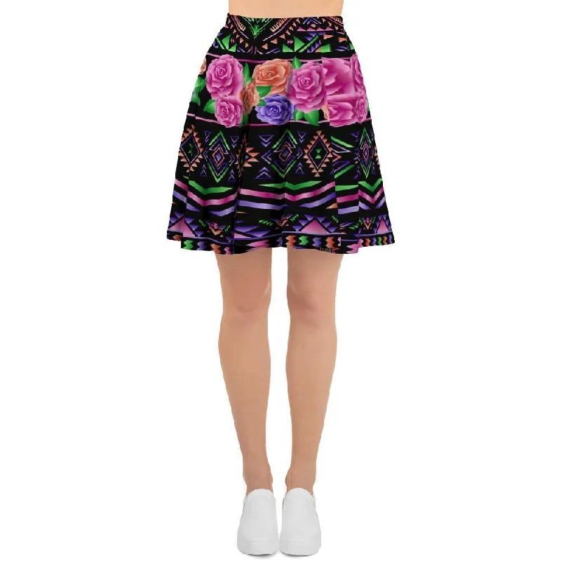 Multicolor Roses Ethnic Tribal Aztec Women's Skirt wool skirt warm