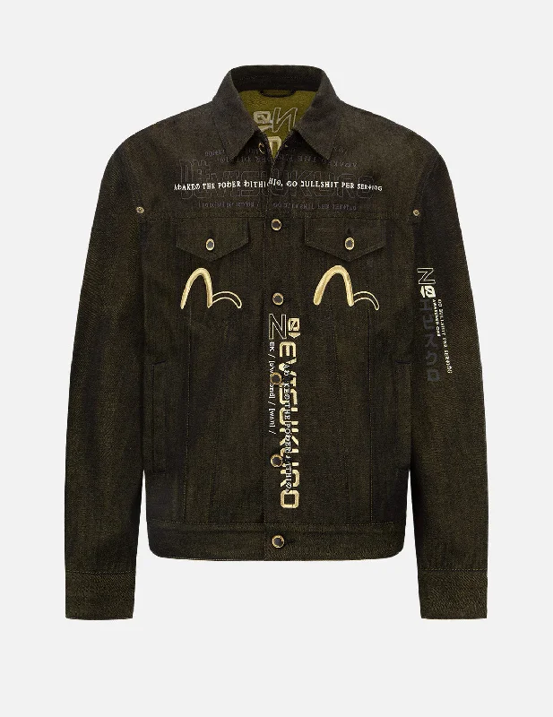 Multi-Language Logo Embroidery Denim Jacket Cotton Fabric Linen Fabric Terry Fabric