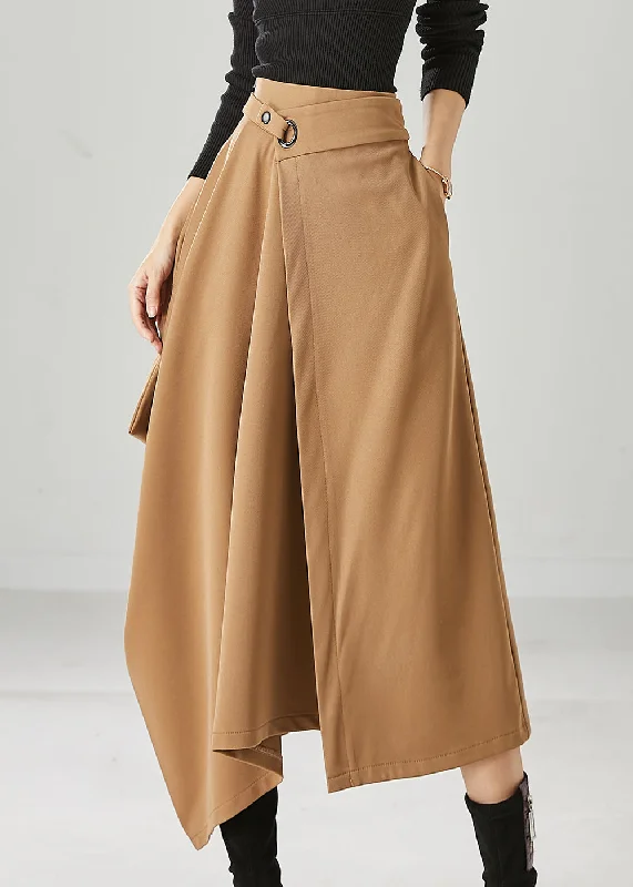 Natural Khaki Asymmetrical Pockets Spandex Skirts Fall boho skirt vibe