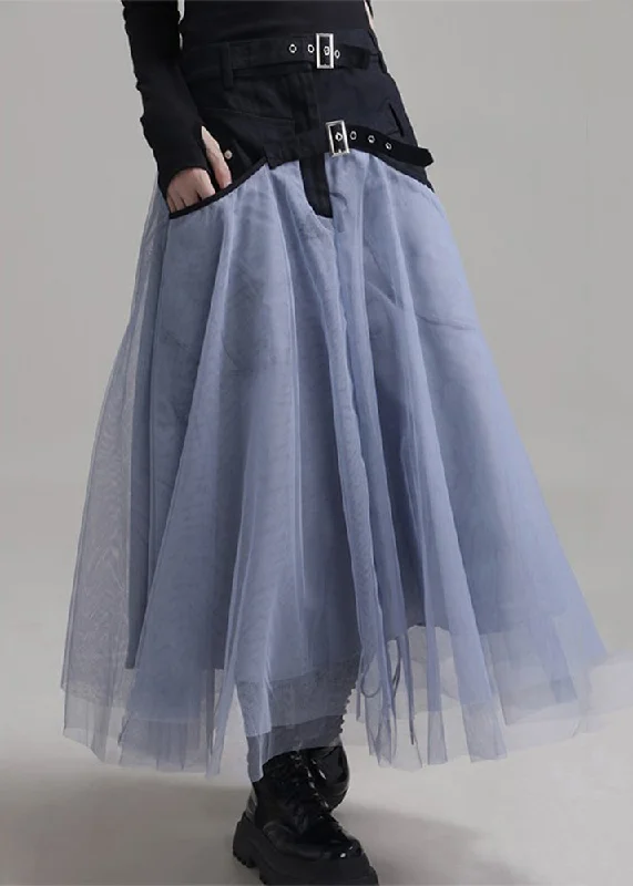 New Blue Pockets Elastic Waist Patchwork Tulle Skirt Summer denim skirt casual