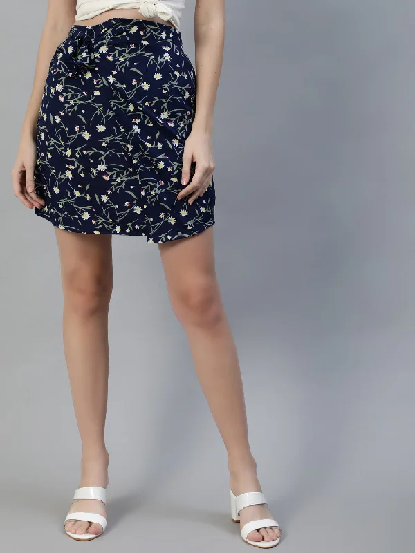 NOZ2TOZ Women Navy Blue Floral Printed Mini Skirt denim skirt fashionable