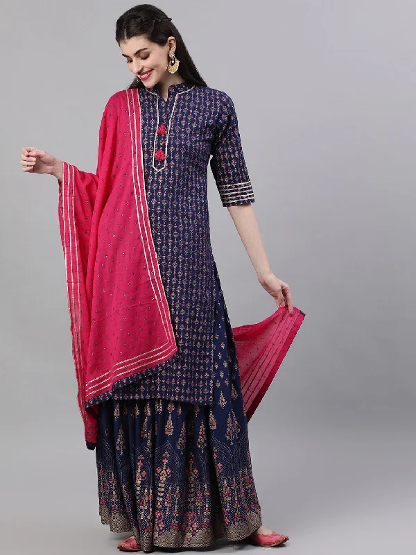 NOZ2TOZ Women Navy Blue Three-Quarter Sleeves Straight Kurta Skirt With Dupatta elastic waist skirt NOZ2TOZ Women Navy Blue Three-Quarter Sleeves Straight Kurta Skirt With Dupatta elastic waist skirt