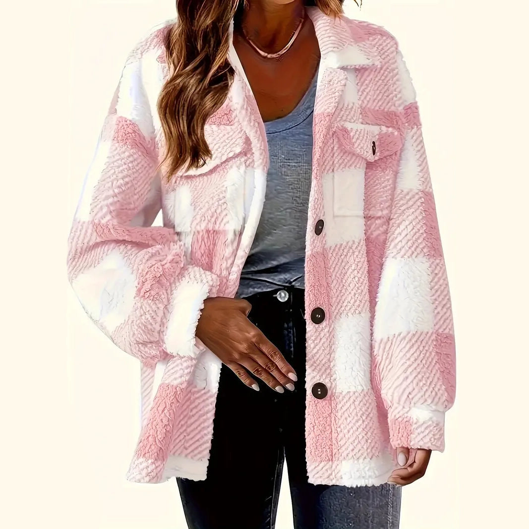 Plaid Pattern Button Front Jacket, Elegant Long Sleeve Warm Outerwear For Fall & Winter Faux Fur Jacket Real Fur Jacket Shearling Jacket