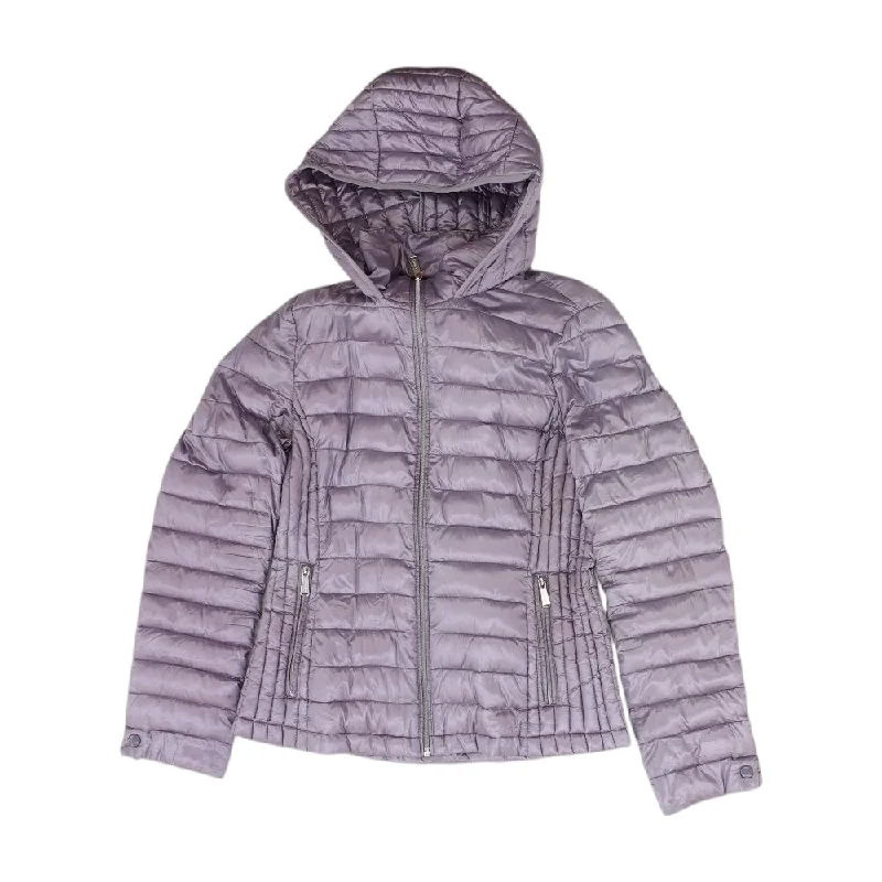 Purple Solid Puffer Jacket Denim Fabric Leather Fabric Suede Fabric