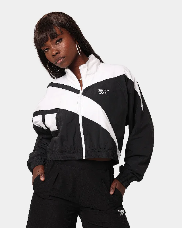 Reebok Women's Classics Cropped Vector Track Jacket Black/White Rayon Fabric Velvet Fabric Corduroy Fabric Reebok Women's Classics Cropped Vector Track Jacket Black/White Rayon Fabric Velvet Fabric Corduroy Fabric