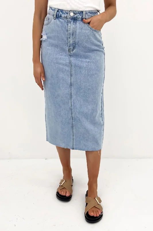 Ryliana Denim Midi Skirt Light Blue wool skirt sturdy
