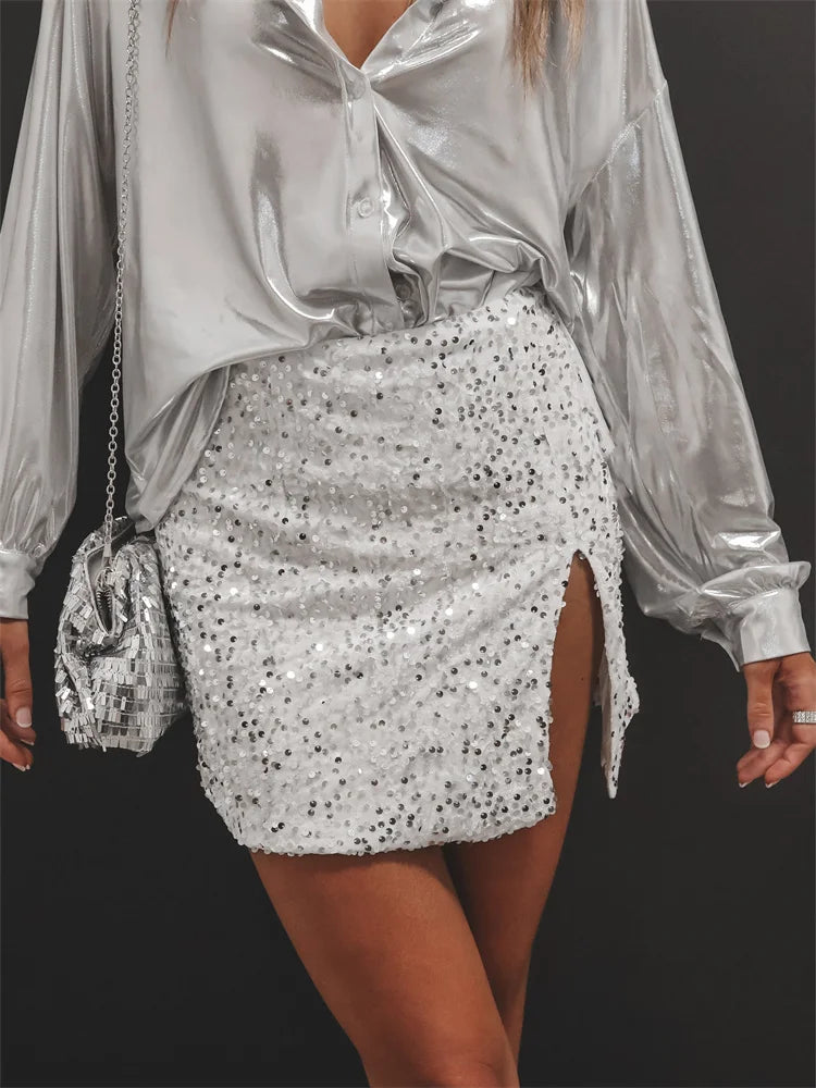 JuliaFashion - Sequined Side Split Sparkle Bodycon Short Mini Shiny Glitter Nightwear Party Clubwear Skirts corduroy skirt cozy JuliaFashion - Sequined Side Split Sparkle Bodycon Short Mini Shiny Glitter Nightwear Party Clubwear Skirts corduroy skirt cozy