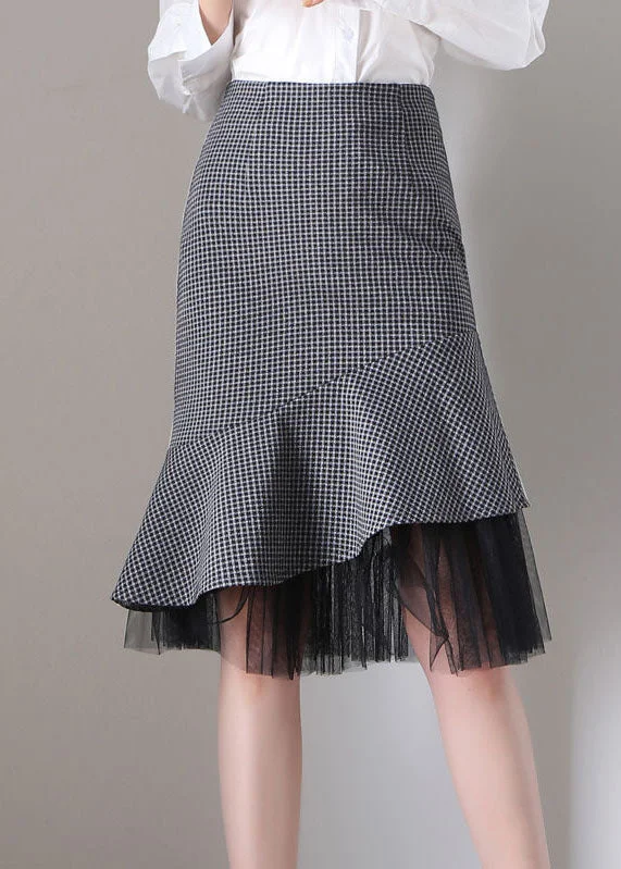 Slim Fit Grey Plaid Ruffles Patchwork Tulle Woolen Wraped Skirt Spring linen skirt natural Slim Fit Grey Plaid Ruffles Patchwork Tulle Woolen Wraped Skirt Spring linen skirt natural