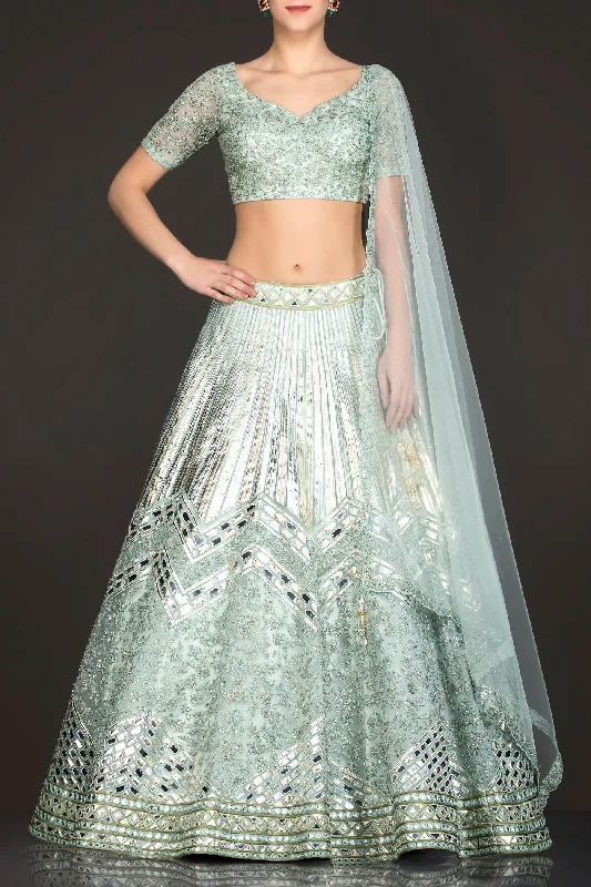 Mint Green Net Skirt/Lehenga/Dupatta With Leather Patch Embroidery silk skirt lustrous Mint Green Net Skirt/Lehenga/Dupatta With Leather Patch Embroidery silk skirt lustrous