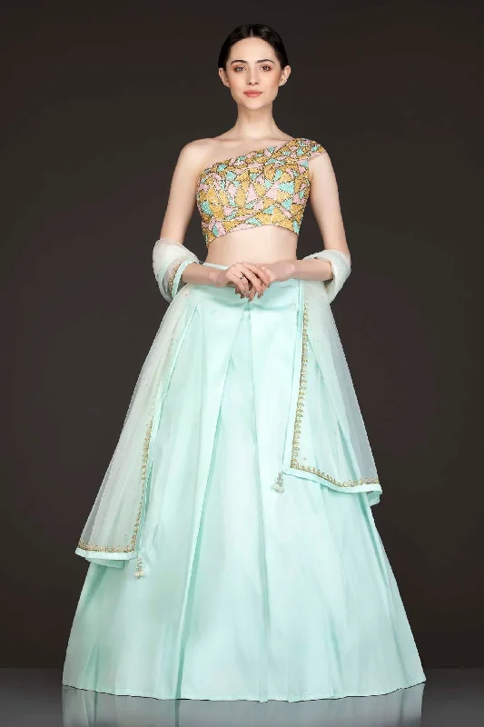 Multi Colour Sequins Embroidered One Shoulder Top and Silk Box Pleat Skirt denim skirt casual Multi Colour Sequins Embroidered One Shoulder Top and Silk Box Pleat Skirt denim skirt casual