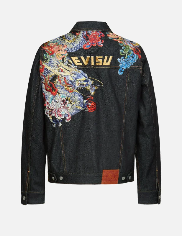 Ukiyo-e Dragon and Chrysanthemum Embroidered Denim Jacket Cotton Jacket Linen Jacket Terry Jacket