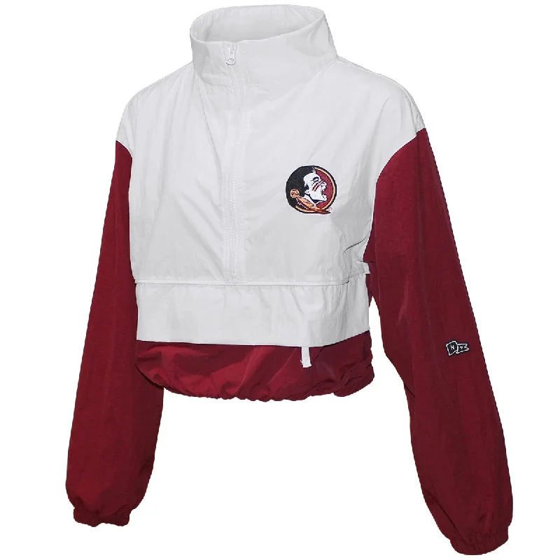 Hype & Vice Women's Seminole Logo/Seminoles Crop Track Jacket - White/Garnet Chenille Fabric Brocade Fabric Lace Fabric Hype & Vice Women's Seminole Logo/Seminoles Crop Track Jacket - White/Garnet Chenille Fabric Brocade Fabric Lace Fabric