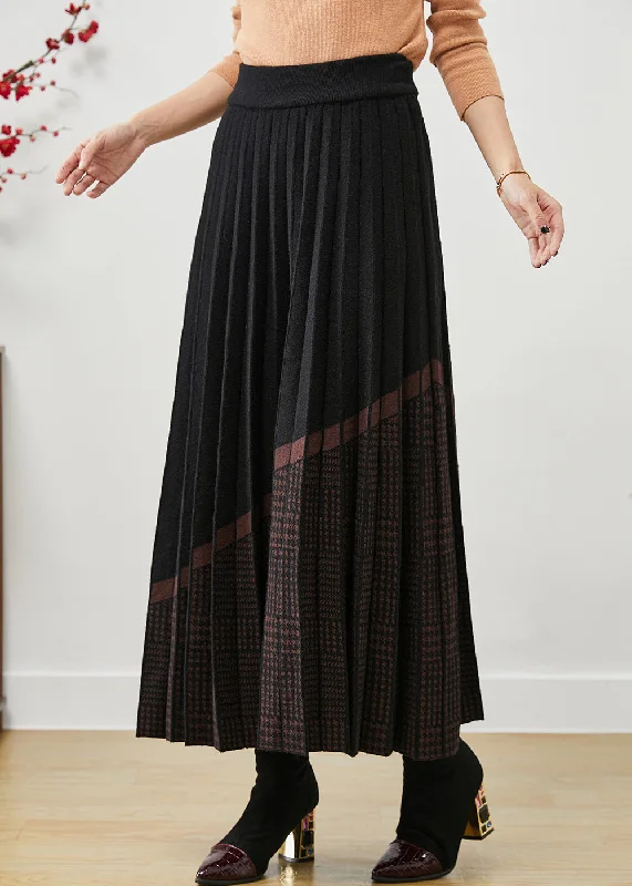 Women Black Elastic Waist Print Woolen Pleated Skirt Fall silk skirt smooth