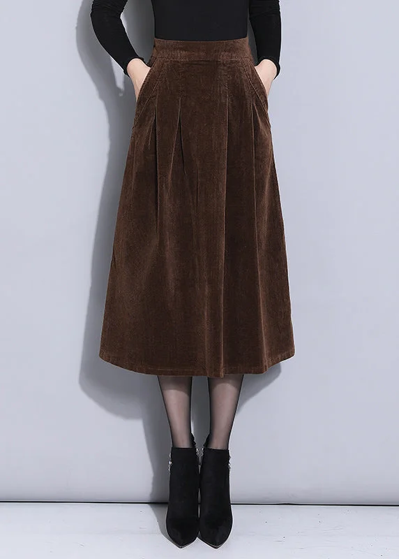Women Brown Elastic Waist Pockets Corduroy A Line Skirts Spring linen skirt natural