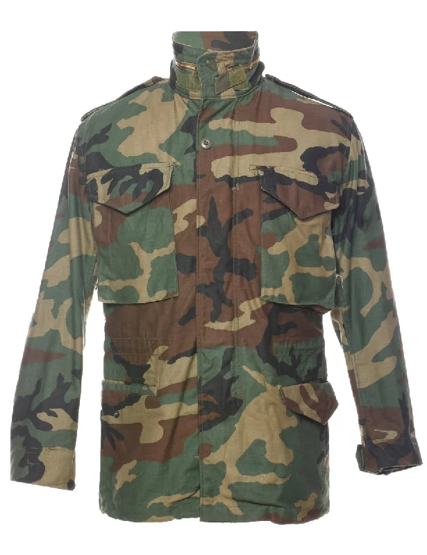 Woodland Camouflage Print Military Jacket - XS Welt Pockets Slit Pockets Flap Pockets Woodland Camouflage Print Military Jacket - XS Welt Pockets Slit Pockets Flap Pockets