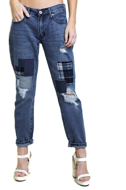 Distressed Patchwork Boyfriend Jean In Dark Denim Fashionable Mom Jeans