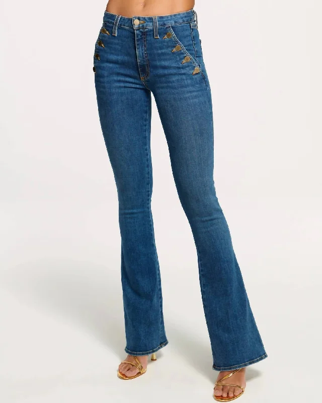 Helena High Rise Flare Jeans In Medium Wash Stylish Shredded Denim Jeans