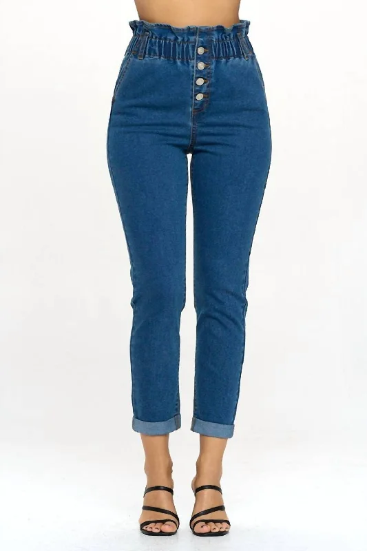 Paperbag Smocked Waist Buttonfly Jeans In Denim Stylish High-Waist Jeans