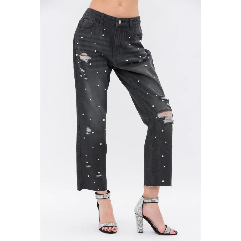 Pearl Embellished Ripped Denim Jeans In Black Classic Button Fly Jeans