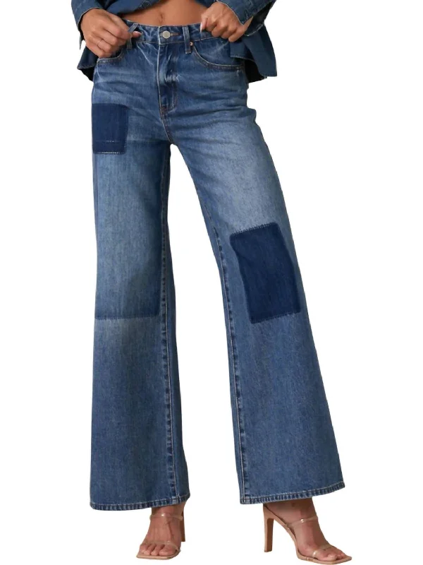 Relaxed Wide Leg Patchwork Jeans In Blue Elegant Wide-Leg Jeans