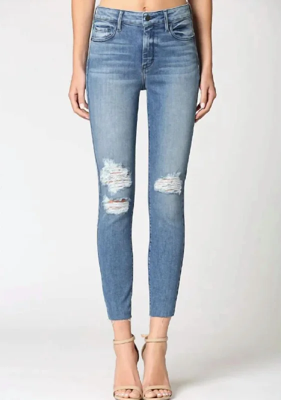 Renee Ripped Skinny Jeans In Medium Blue Trendy Button-Up High-Waist Jeans