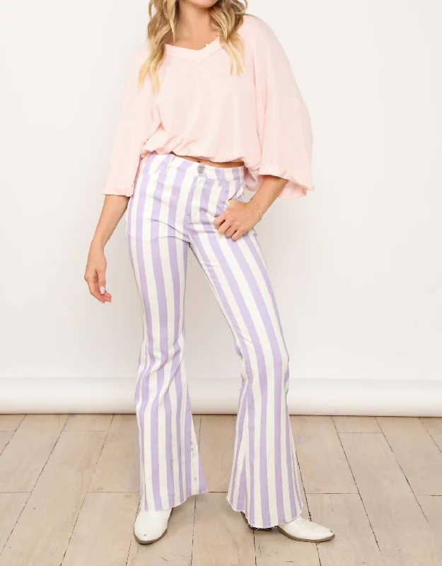 Stripe Denim Flares Jeans In Lavender Fashionable Button-Front Jeans
