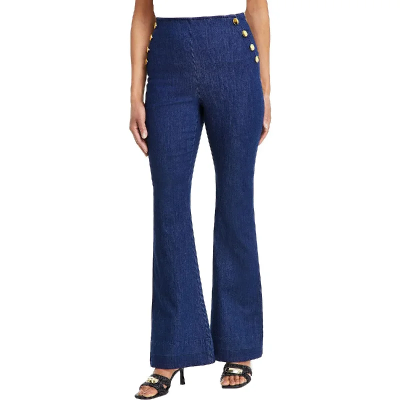 Womens High Rise Button Trim High-Waisted Jeans Trendy Wide-Leg High-Waist Denim