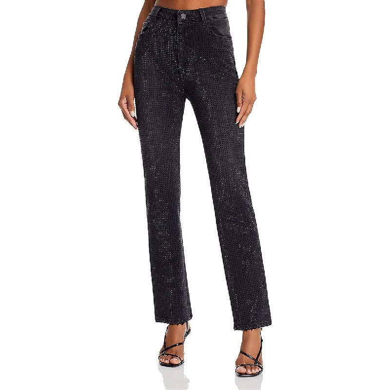 Womens High Rise Emellished Ankle Jeans Elegant Wide-Leg Jeans